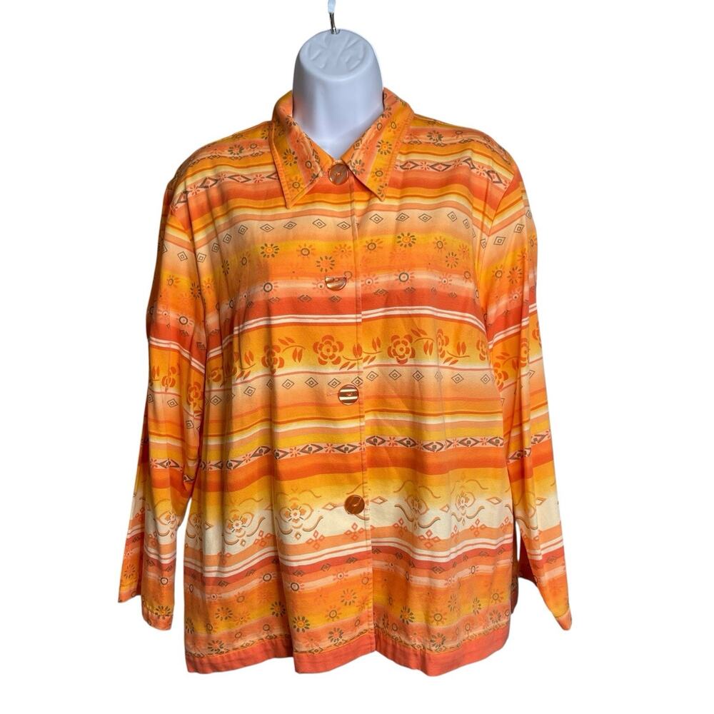 Coldwater Creek Women's Orange Tribal Floral Shirt Jacket Size 1X Aztec Boho